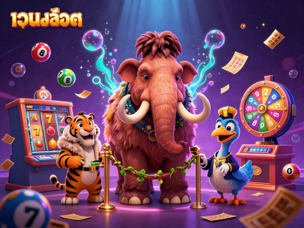 Engage with เว็บสล็อต in a vivid gaming scene featuring a mammoth bouncer, VIP saber-tooth, and dodo doorman.