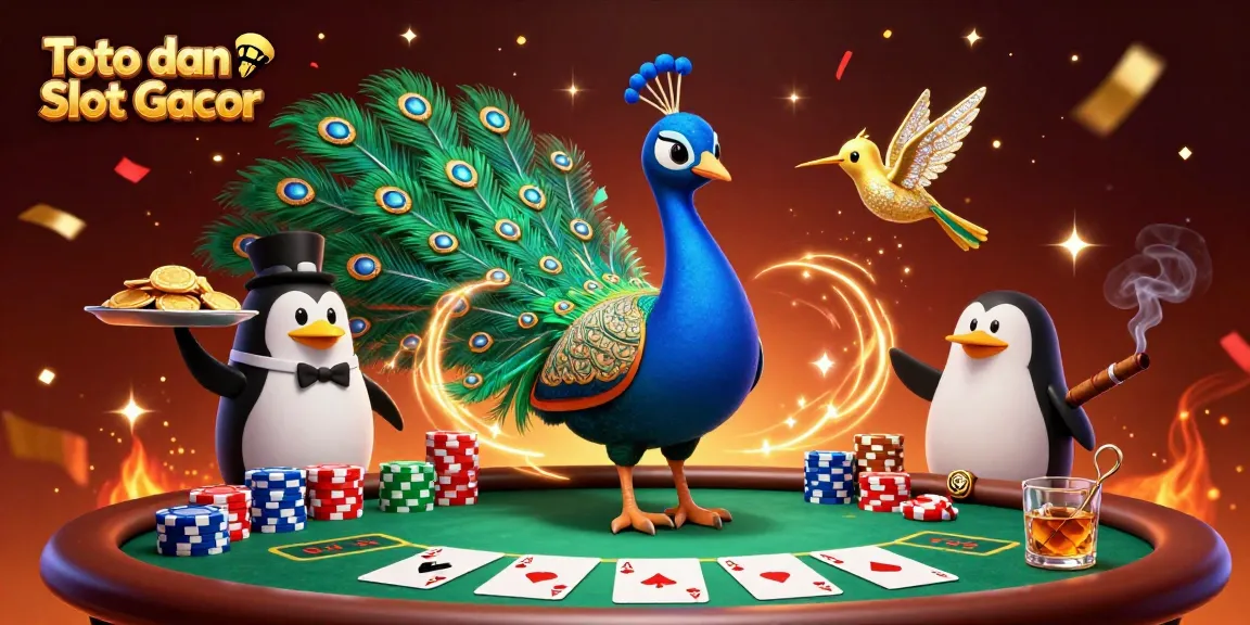 Toto dan Slot Gacor showcases a vibrant casino scene featuring a peacock, penguin, and hummingbird amidst poker action.