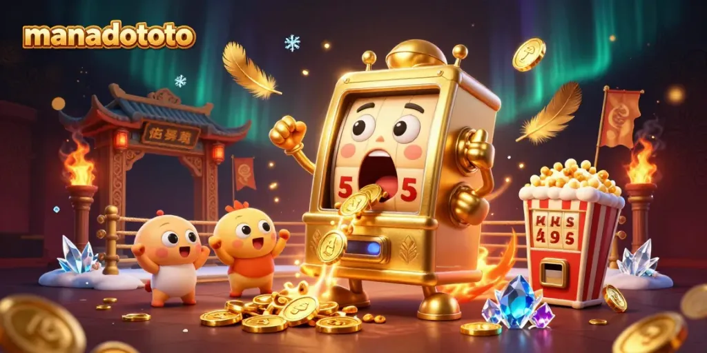 Spin the manadototo slot machine to win coins in this vibrant casino scene.