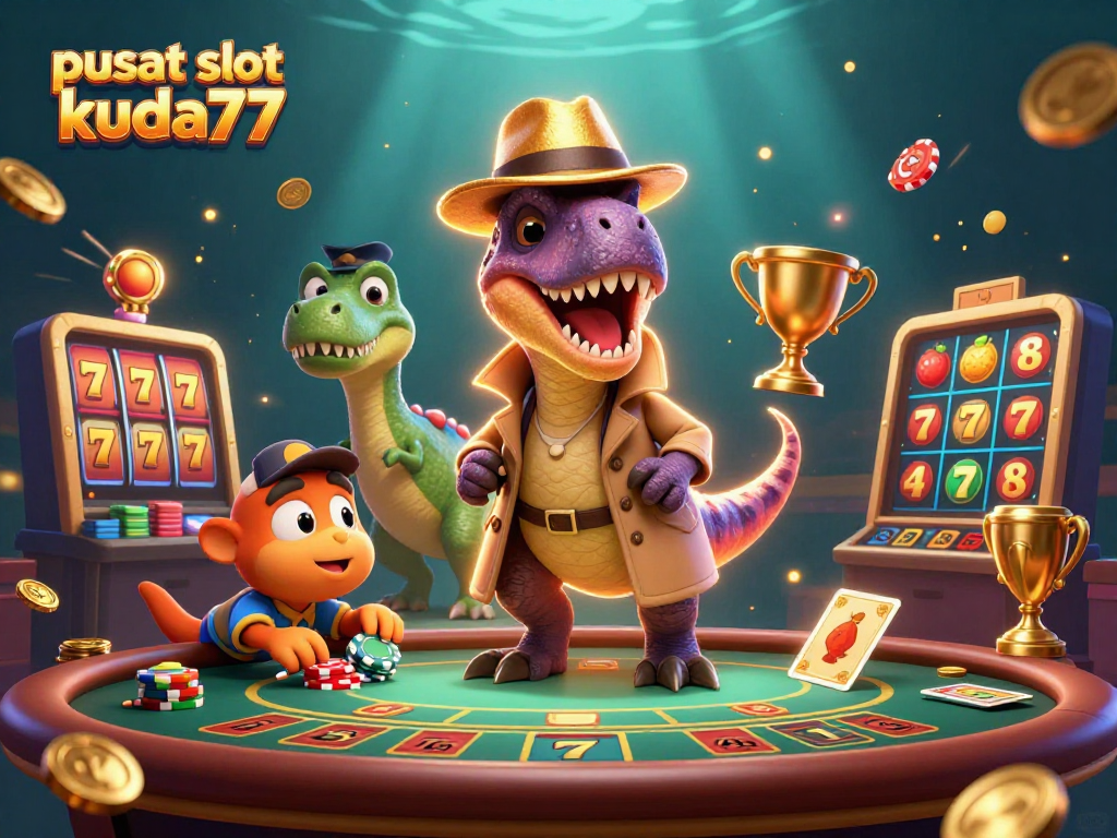 Temukan keseruan di pusat slot kuda77 dengan ilustrasi kartun kasino yang penuh aksi.