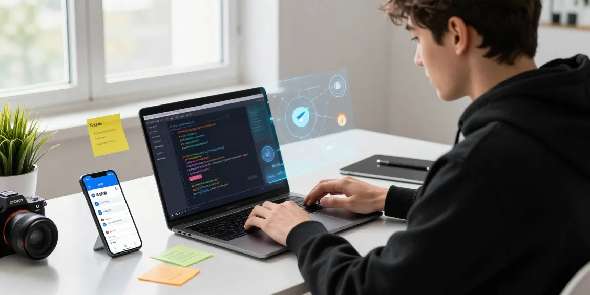 Developer configuring telegram中文 language settings on sleek laptop in a bright modern workspace.