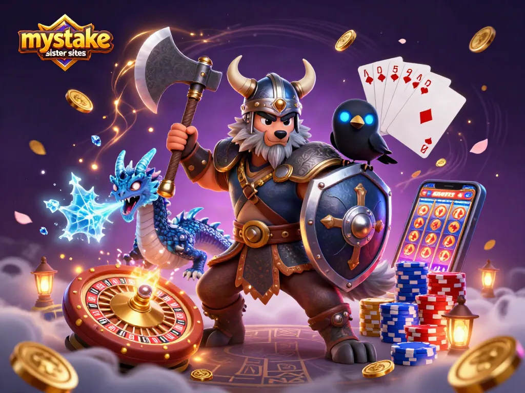 Engage with mystake sister sites as a Viking warrior battles alongside a fierce dragon in a vibrant casino scene.
