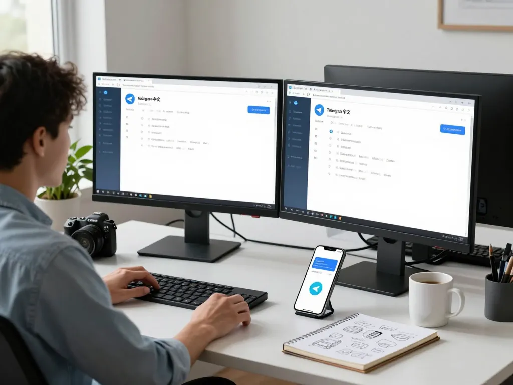 Developer configuring telegram 中文 in a modern workspace, dual monitors displaying app settings.