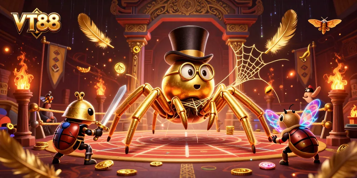 VT88 showcases an epic casino battle with a golden tarantula, brave beetle knight, and vibrant betting elements.