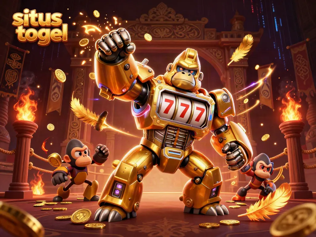 Situs togel themed illustration showcasing a golden gorilla mech among gaming elements bursting with coins.