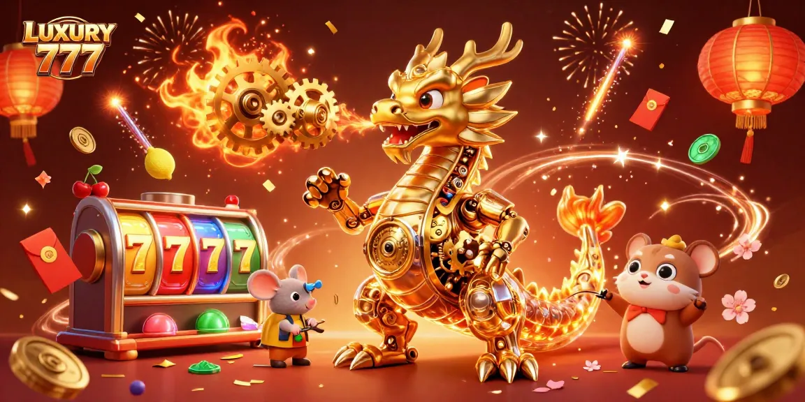 Menggambar LUXURY 777 dengan mesin slot yang berputar, berhiaskan naga emas, dan lilin merah.