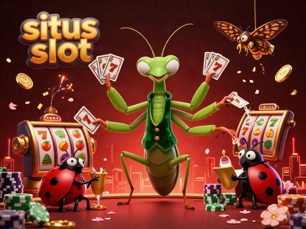 Engage in casino fun with vibrant 3D illustration of situs slot featuring a giant mantis card dealer and a ladybug pit boss.
