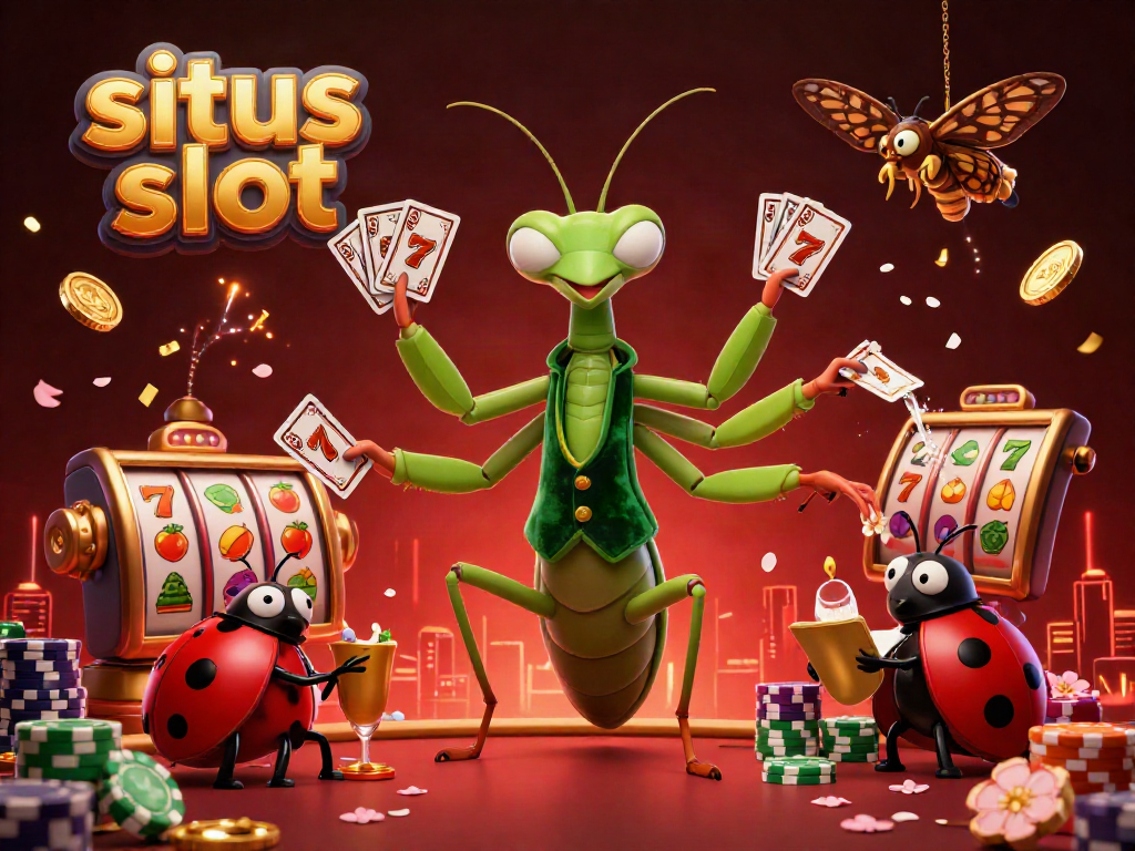 Engage in casino fun with vibrant 3D illustration of situs slot featuring a giant mantis card dealer and a ladybug pit boss.
