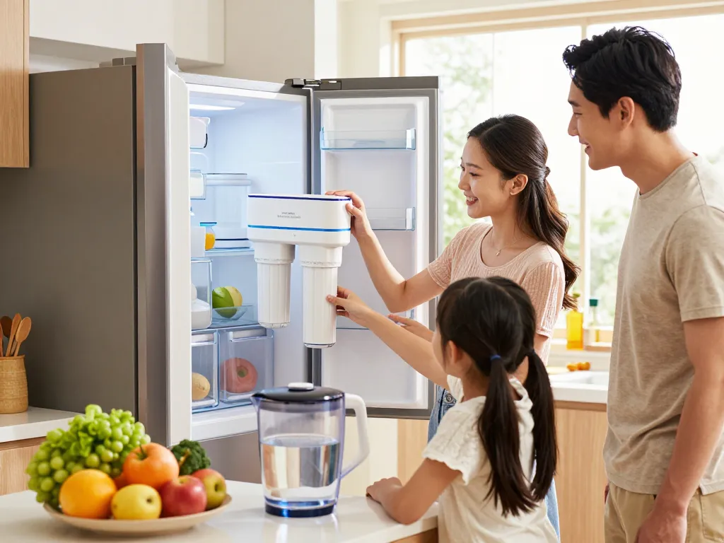 Waterdrop Alkaline DA29-00020B Replacement for Samsung® Water Filter HAF-CIN/EXP being used in a family kitchen, emphasizing fresh drinking water.