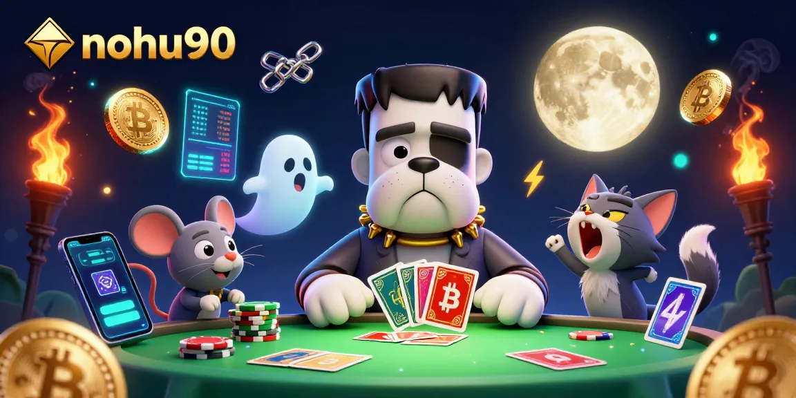 Nohu90 showcases thrilling casino action with Frankenstein bulldog dealing cards and vibrant crypto elements.