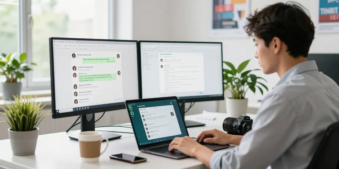Using WhatsApp電腦版 on a laptop in a modern office setting.