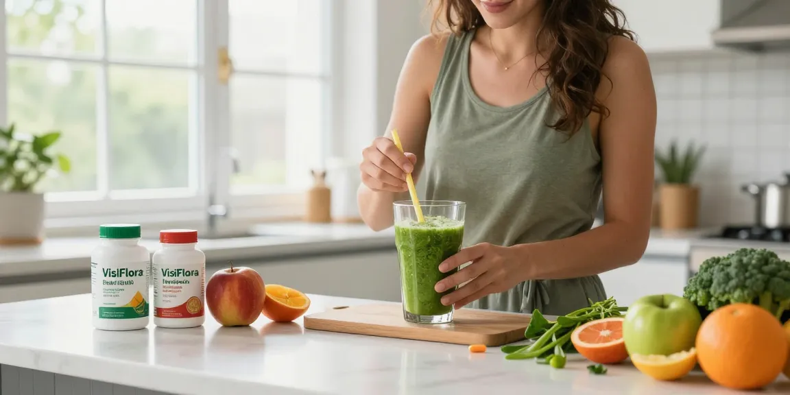 VisiFlora review - healthy individual preparing eye health smoothie with supplements.