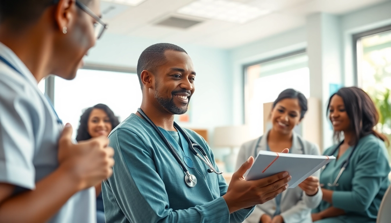 Health professional discussing wellness with diverse patients in a supportive environment.