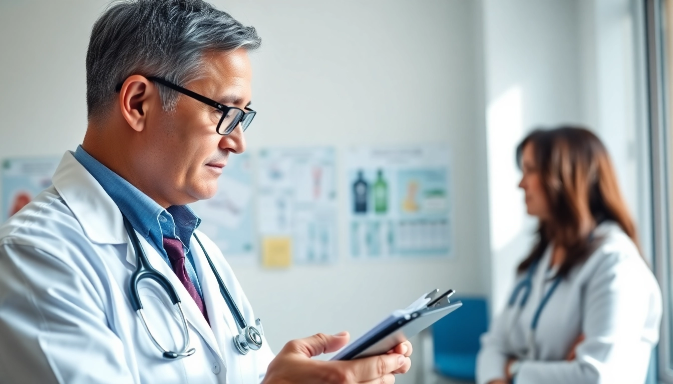 A doctor engaging a patient about health in a modern clinic setting.