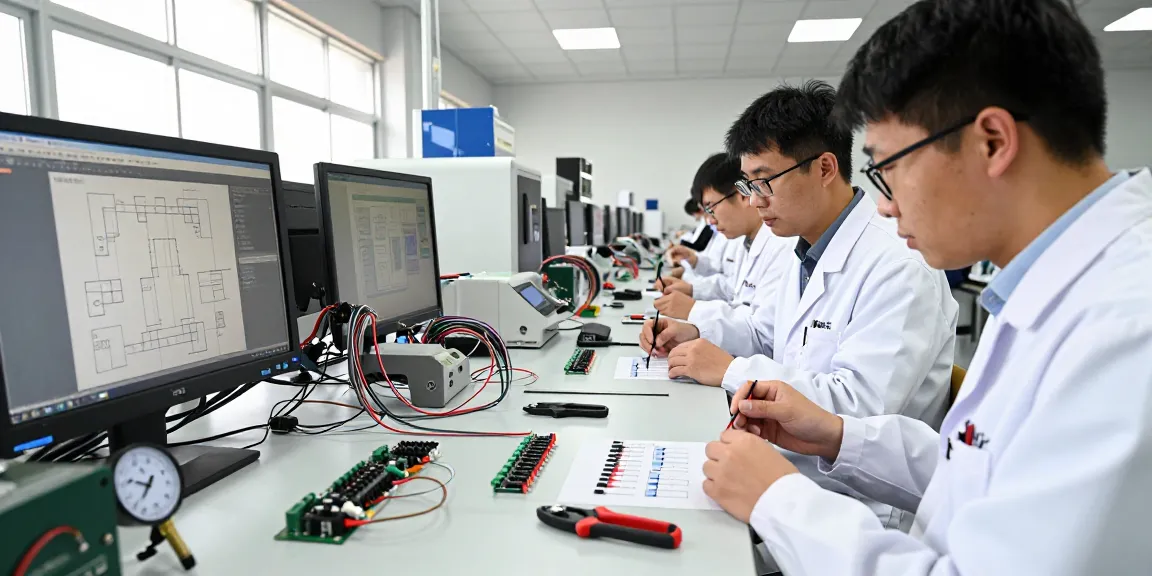 Engineers demonstrating wire connectors terminals in high-tech electronics lab, showcasing innovative designs and collaboration.