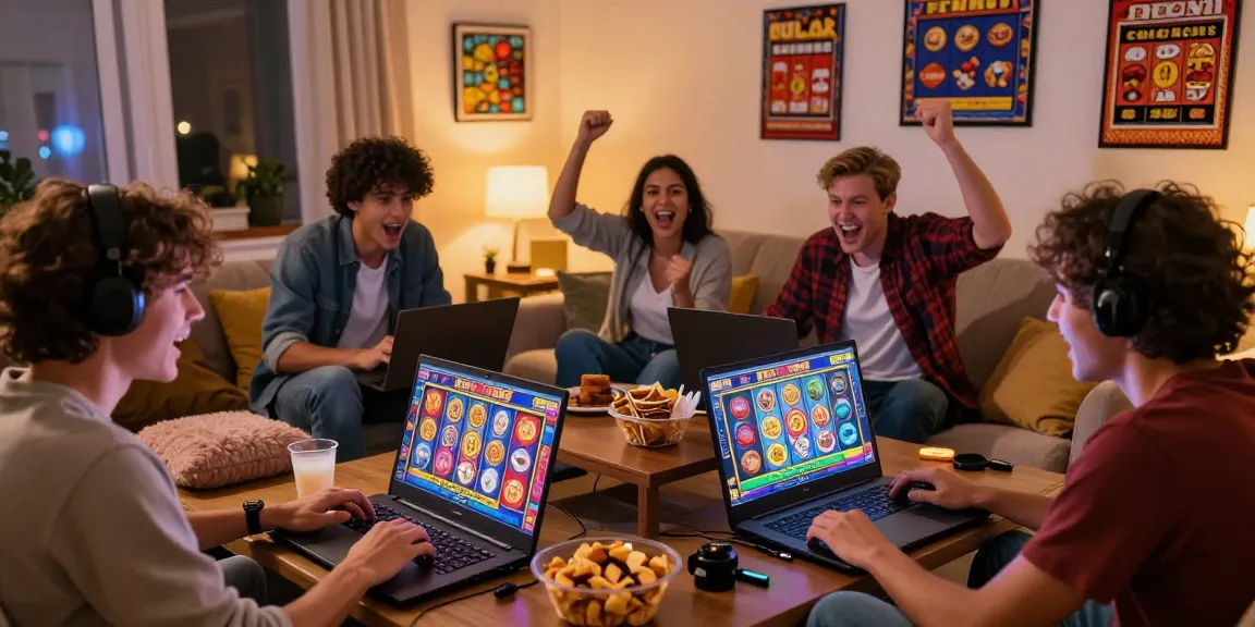 Group playing online slot games on laptops in a cozy living room atmosphere.