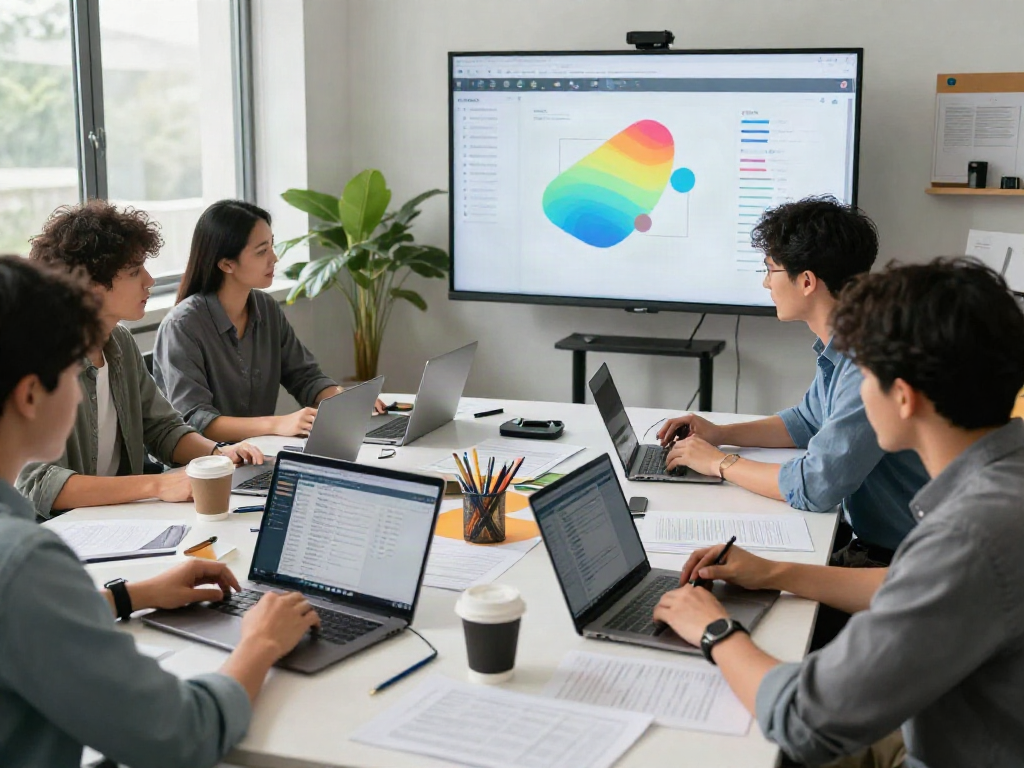 Collaborative workspace showcasing professionals using tax software for multiple locations with laptops and documents.