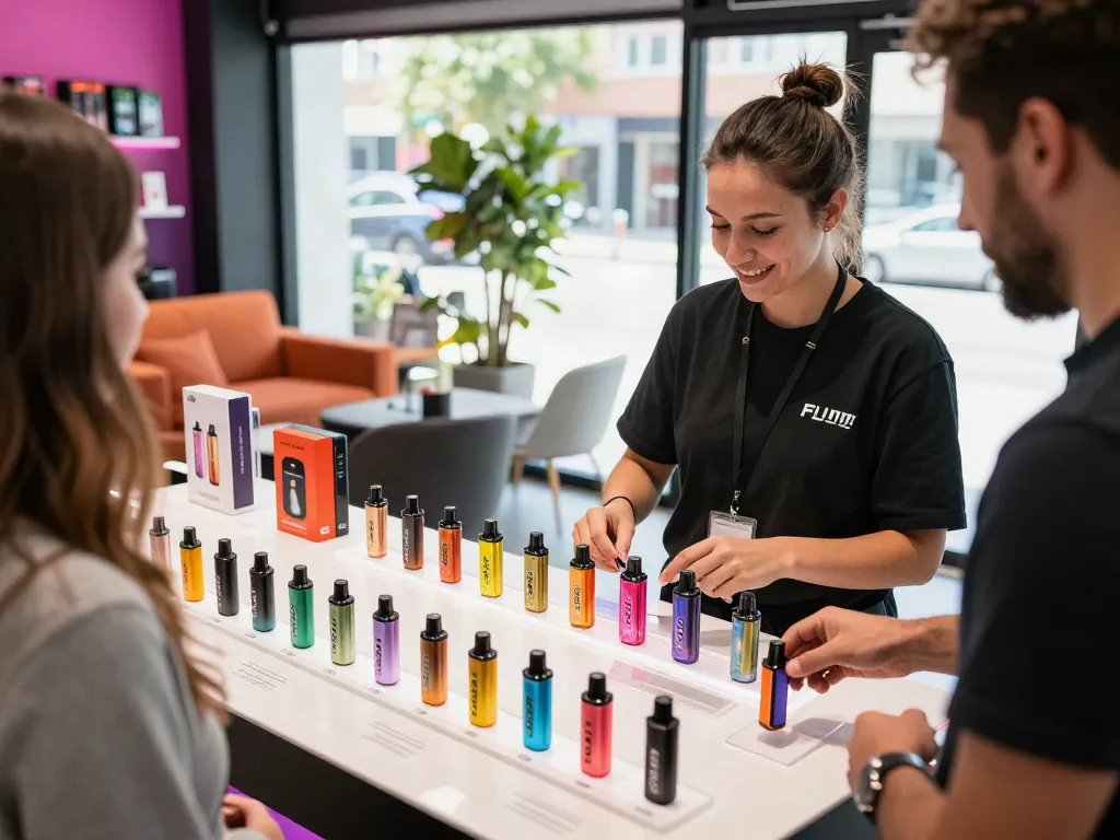 Flum disposable vapes displayed in a modern vaping shop with customer interaction.