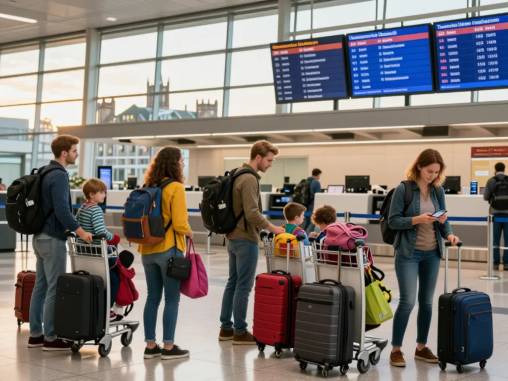 Travelers preparing for their journey from Halifax to Edinburgh Airport, showcasing vibrant airport atmosphere and excitement.