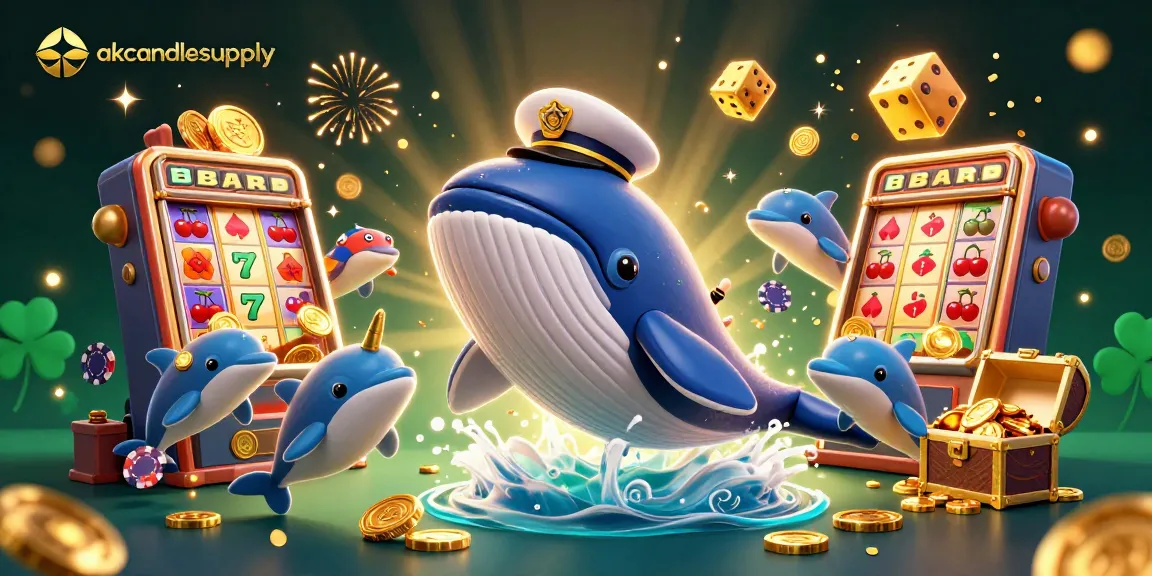 Aksi bermain slot atas nama akcandlesupply dengan ikan paus kartun 3D, narwhal, dan lumba-lumba yang berinteraksi dalam arus uang koin.