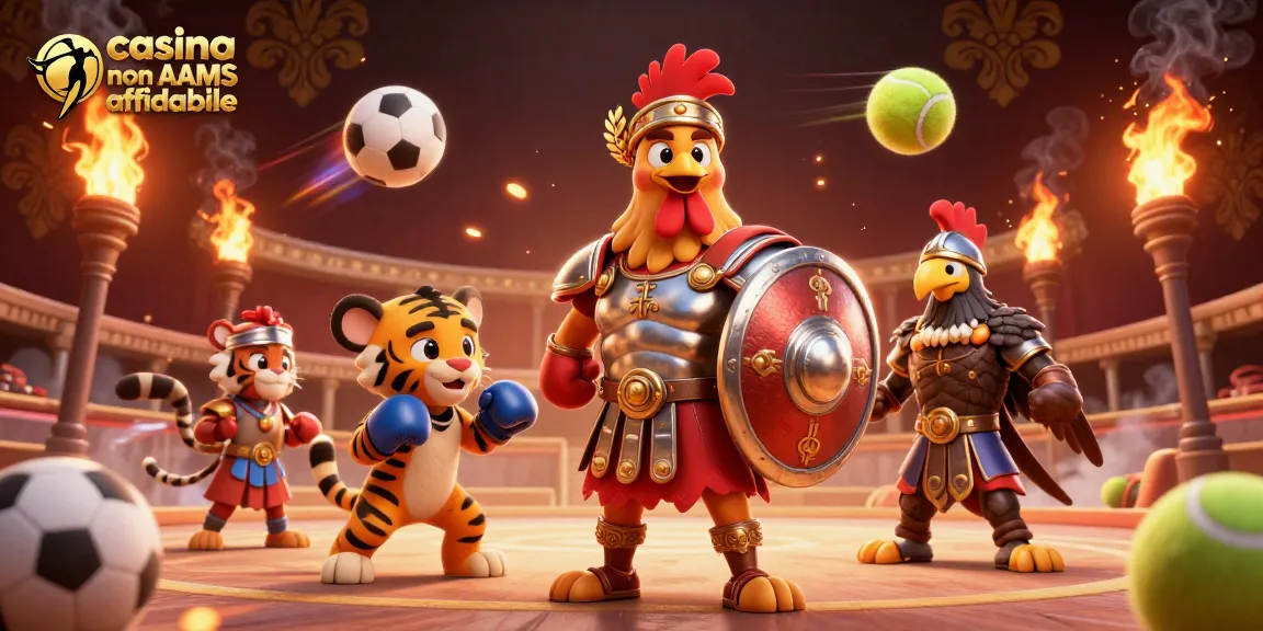 Scena di battaglia emozionante che mostra un casino non AAMS affidabile con un gallo gladiatore, un cucciolo di tigre e un'aquila in azione.