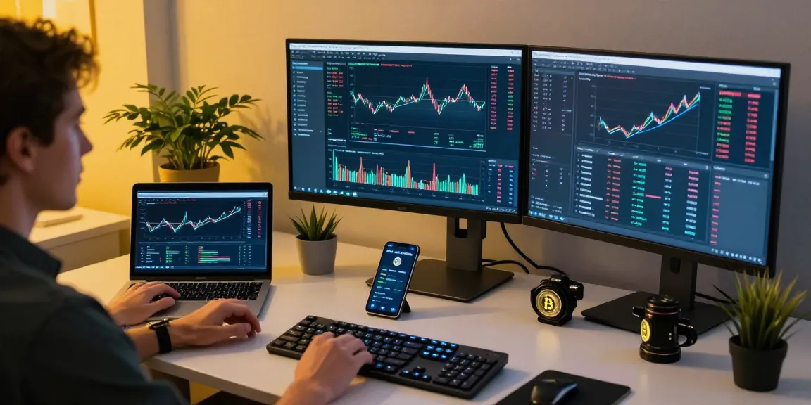 Best cloud mining platform 2026 analysis in a professional workspace with crypto trading screens and active blockchain discussions.
