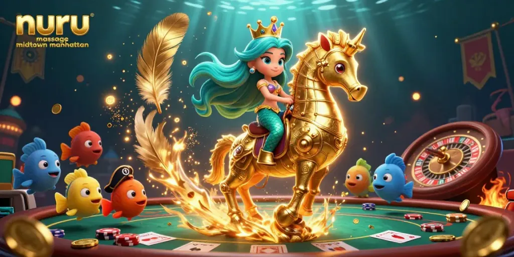 Nuru massage midtown manhattan illustration showcasing a lively casino scene with mermaid princess and sea creatures