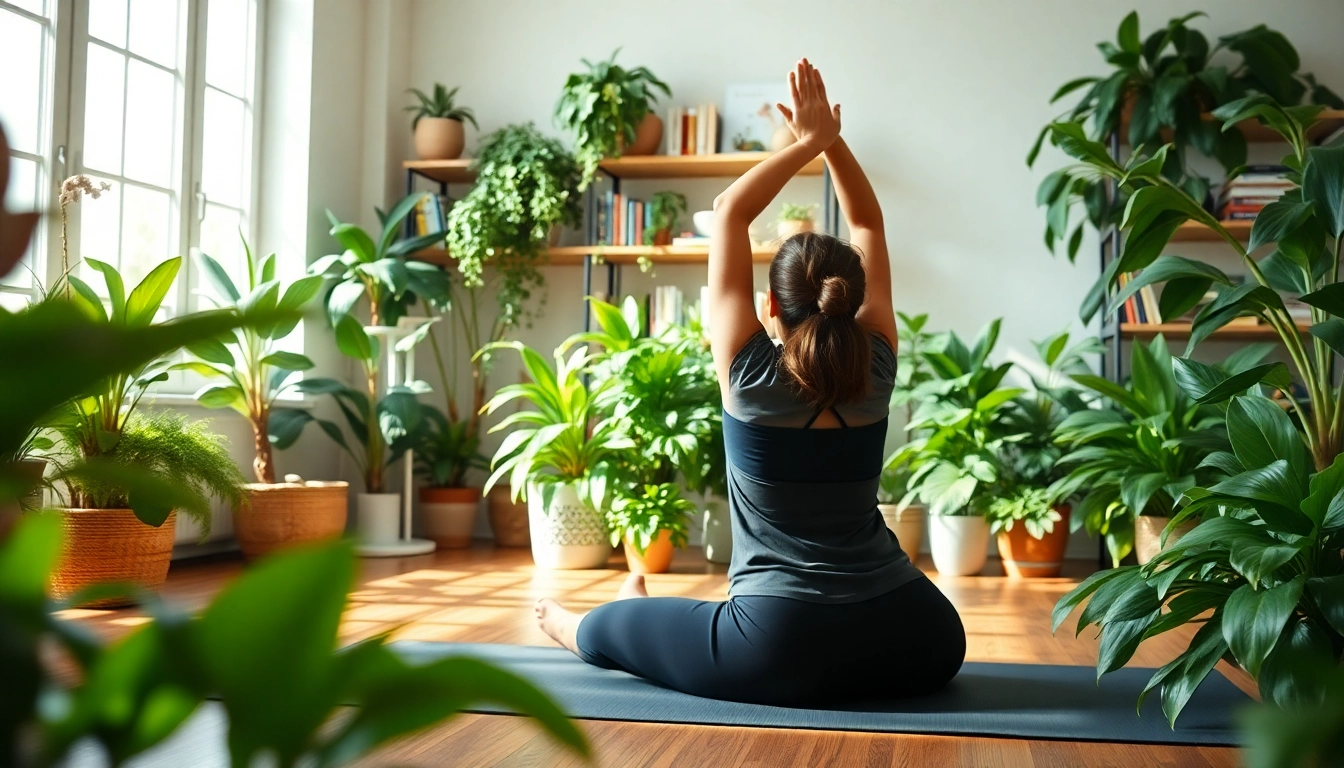 Enhancing health and wellness, a person stretches in a tranquil green environment.