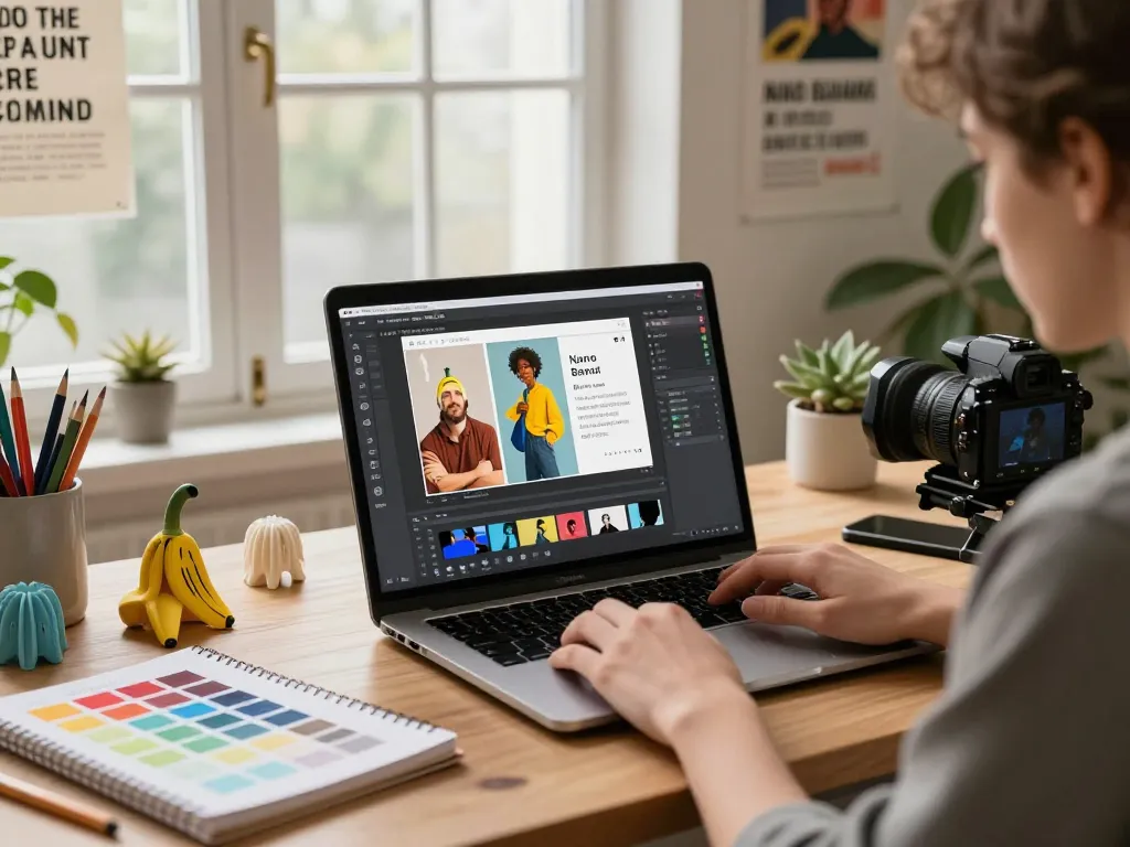 Innovative creator using nano banana pro AI image editor in vibrant workspace filled with art and inspiration.