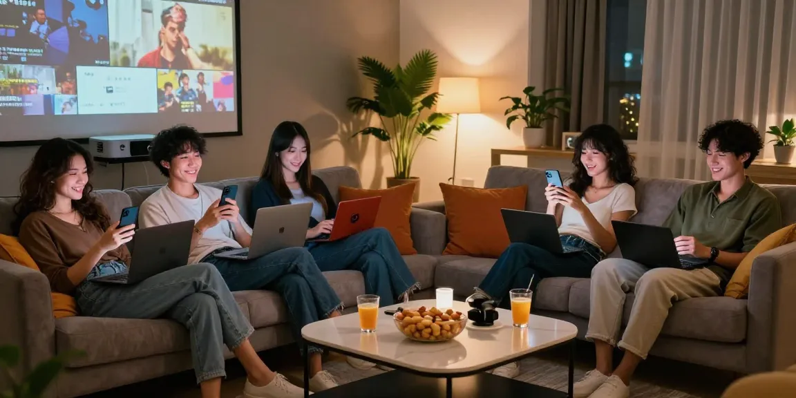Relaxed adults enjoying asiabf videos on cozy couch with multiple devices.