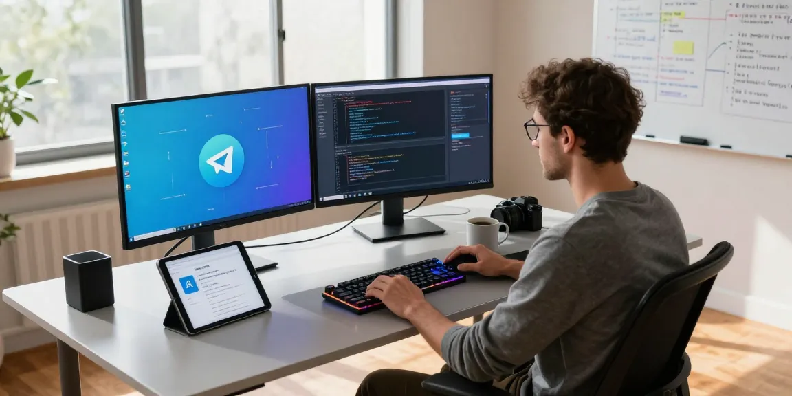 Workstation featuring a developer coding the 纸飞机中文版 app, showcasing productivity tools and dynamic atmosphere.