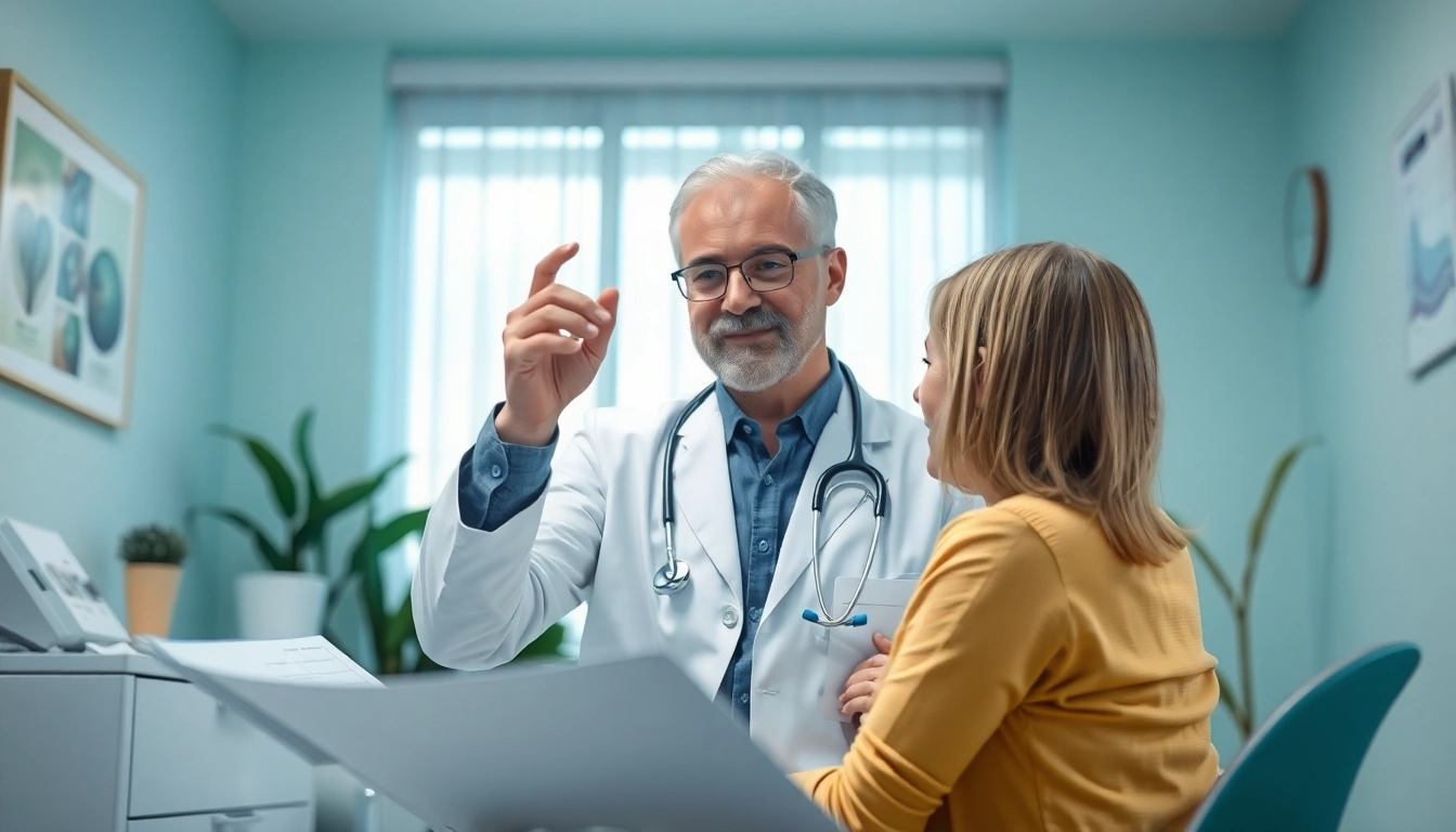 Health consultation with a doctor in a calming clinic, emphasizing patient care.