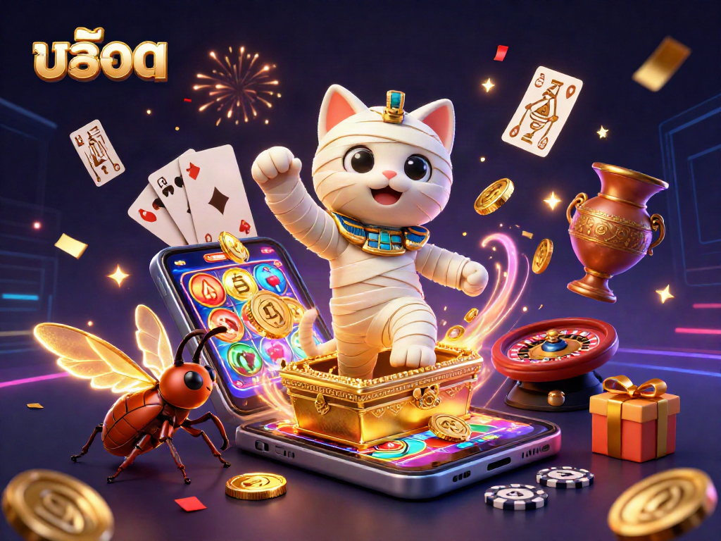 Engage in สล็อต excitement with a mummy cat and scarab beetle in a vibrant casino scene.