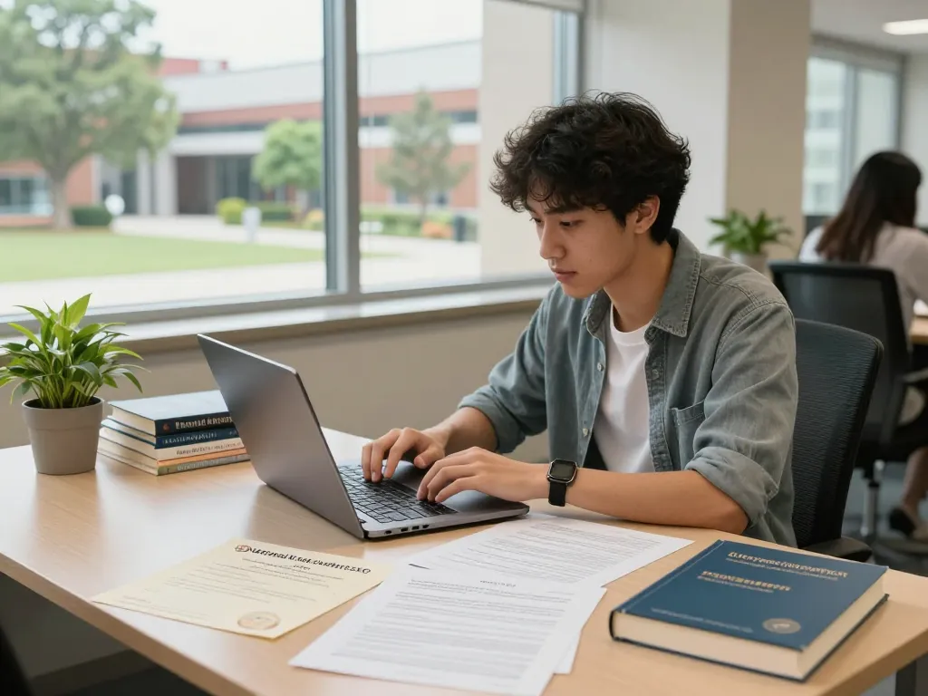 Student reviewing National University (NU) Certificate & Document Processing Guidelines in a bright academic office.