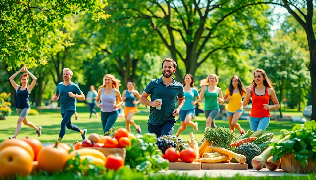 Embrace health through active living in a vibrant park setting, featuring diverse individuals engaged in wellness activities.