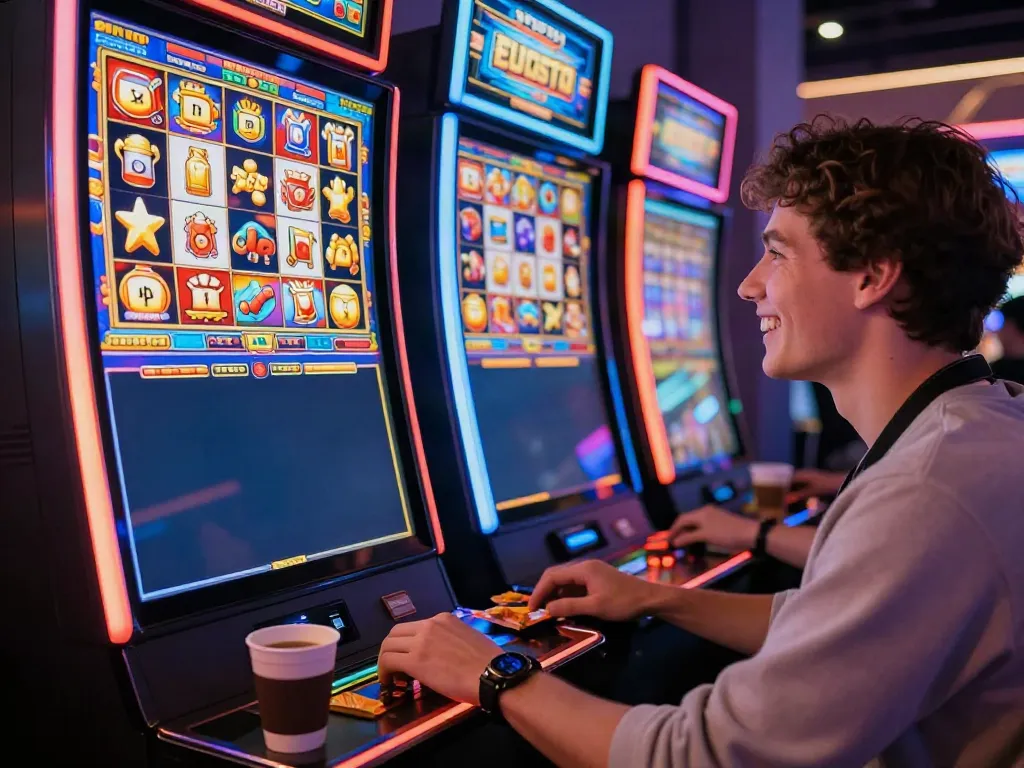 Permainan slot777 online yang menyenangkan dengan pemain tersenyum di depan layar.