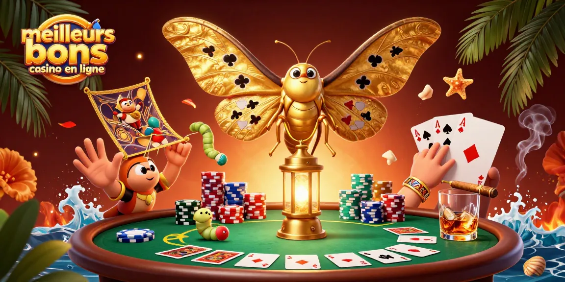 Découvrez les meilleurs bonus de casino en ligne avec ce papillon 3D interactif au milieu de l'action et des jetons colorés.