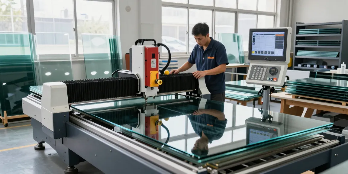 Technician using cutting machine glass in a bright industrial workshop.