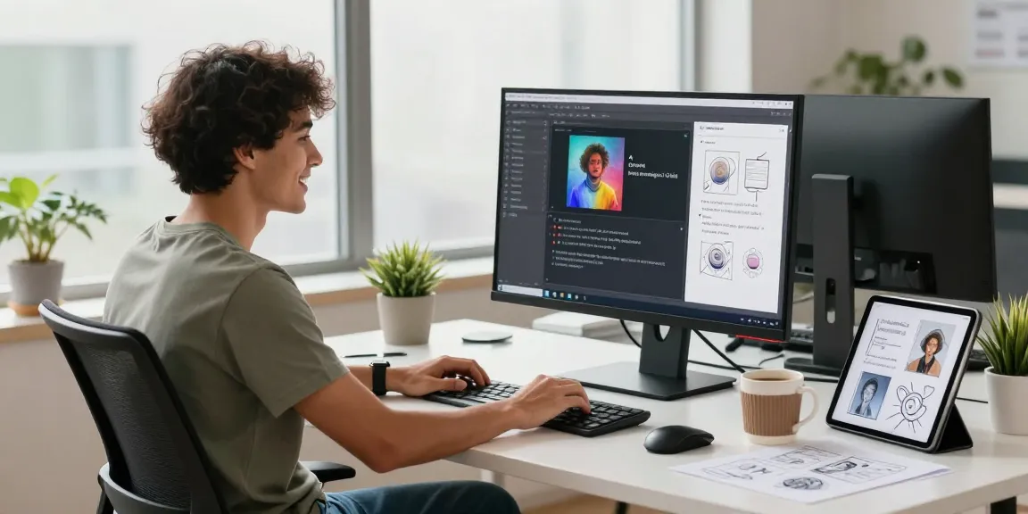 AI prompt image generation in a dynamic workspace with a young professional engaging with technology.