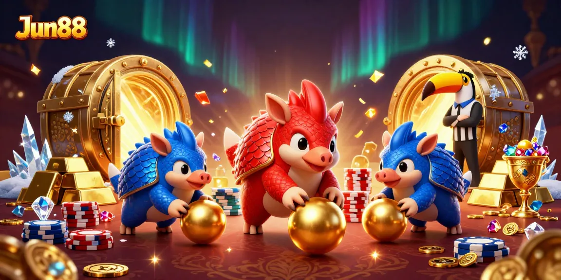 Jun88 pangolins compete in a vibrant online casino game, surrounded by treasures and a festive atmosphere.