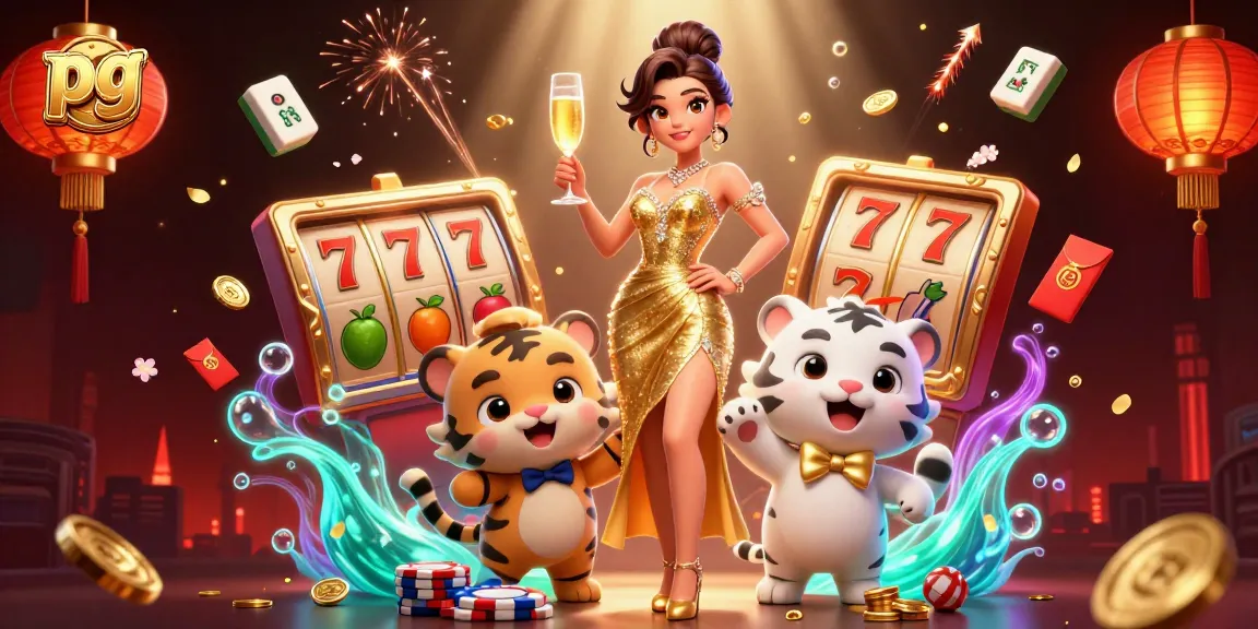 Enjoy pg slots with a glamorous lady and lucky tiger in a vibrant casino scene.