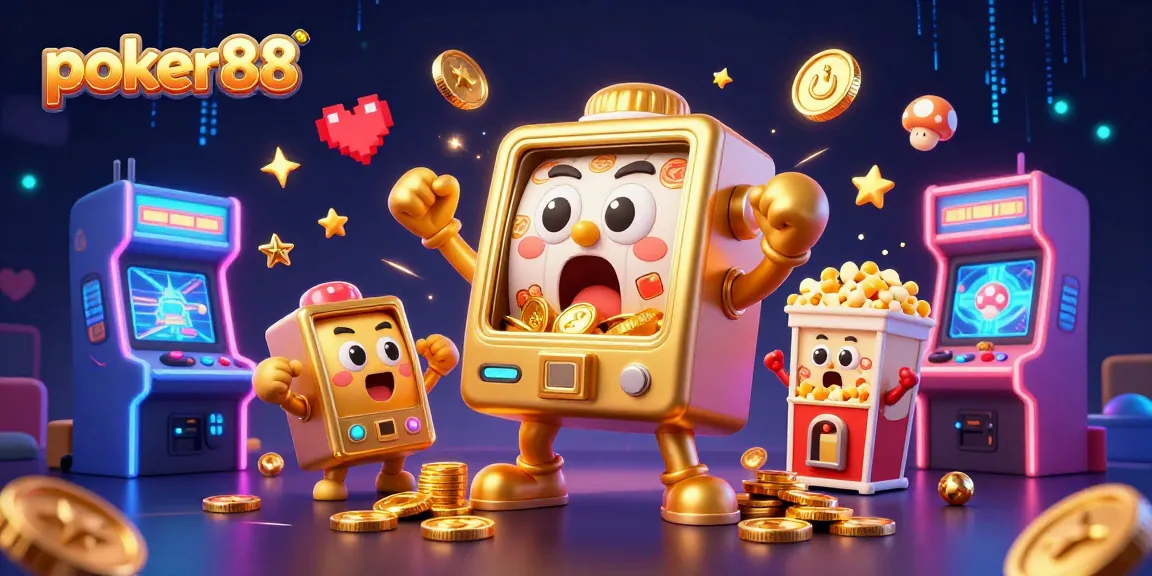 Experience the thrills of poker88 as a golden slot machine hits a jackpot, surrounded by arcade games.
