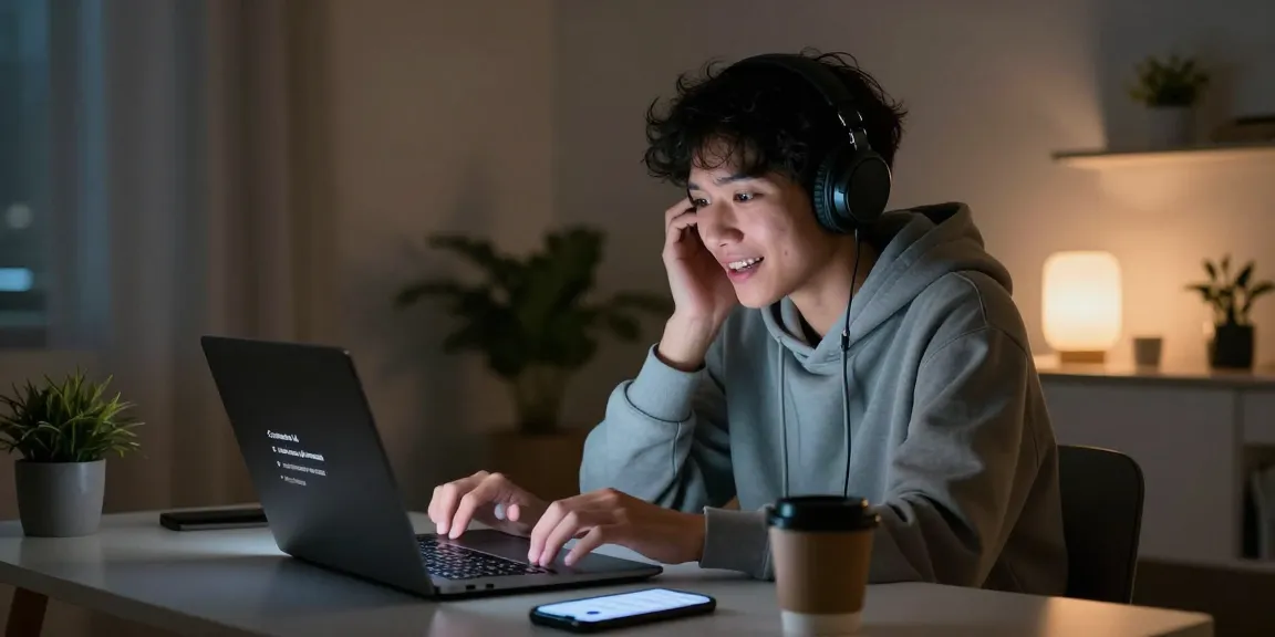Engaging in ai nsfw conversations with a chatbot on a laptop, cozy tech-savvy room atmosphere.