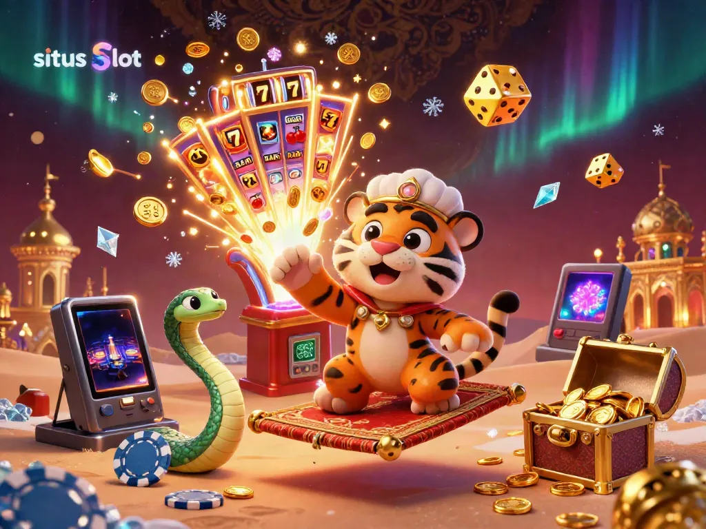 Experience the thrill of situs slot with a vibrant 3D casino scene featuring a tiger sultan and jackpot effects.