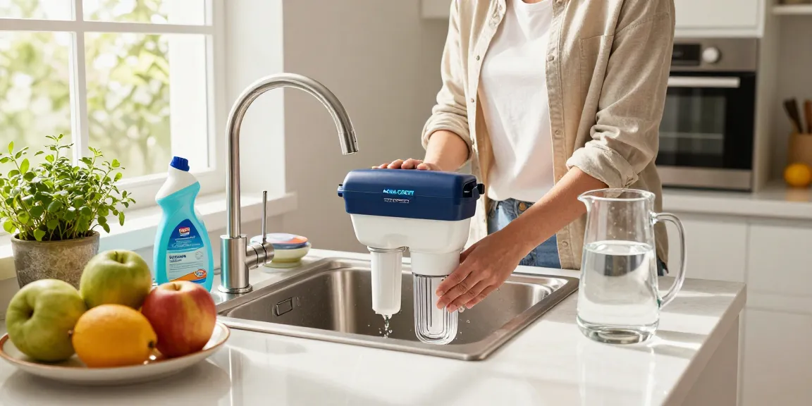 Installing AQUA CREST Multiple-Stage Water Filters in a bright kitchen, emphasizing clean water benefits.