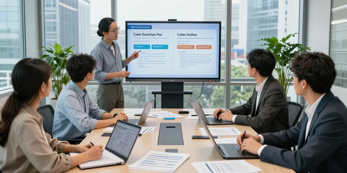 Team discussing cyber essentials vs cyber essentials plus certification in a modern conference room.