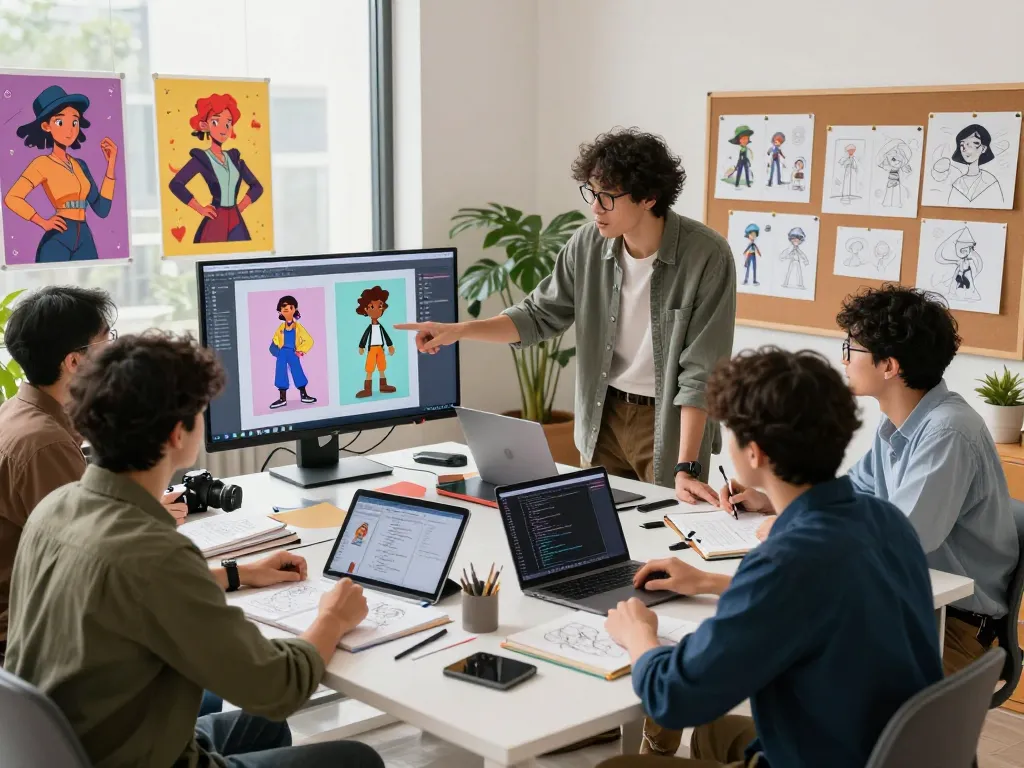 Creative professionals collaborating on NSFW AI character designs in a vibrant digital art studio.