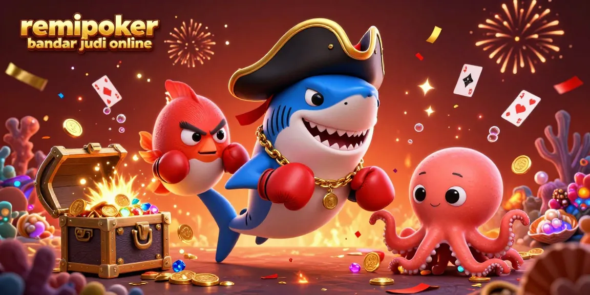 Engage with remipoker bandar judi online through festive 3D casino-themed illustration showcasing vibrant characters and gambling elements.