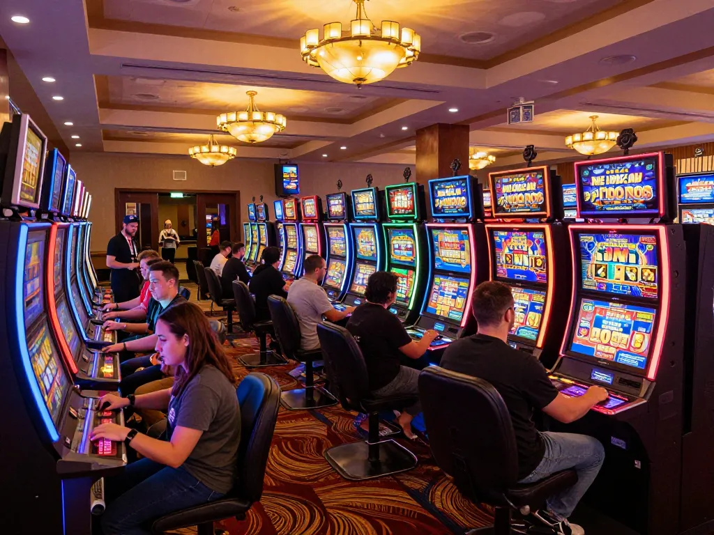 Players excitedly engaging with slot machines in pursuit of slot bonus new member 100