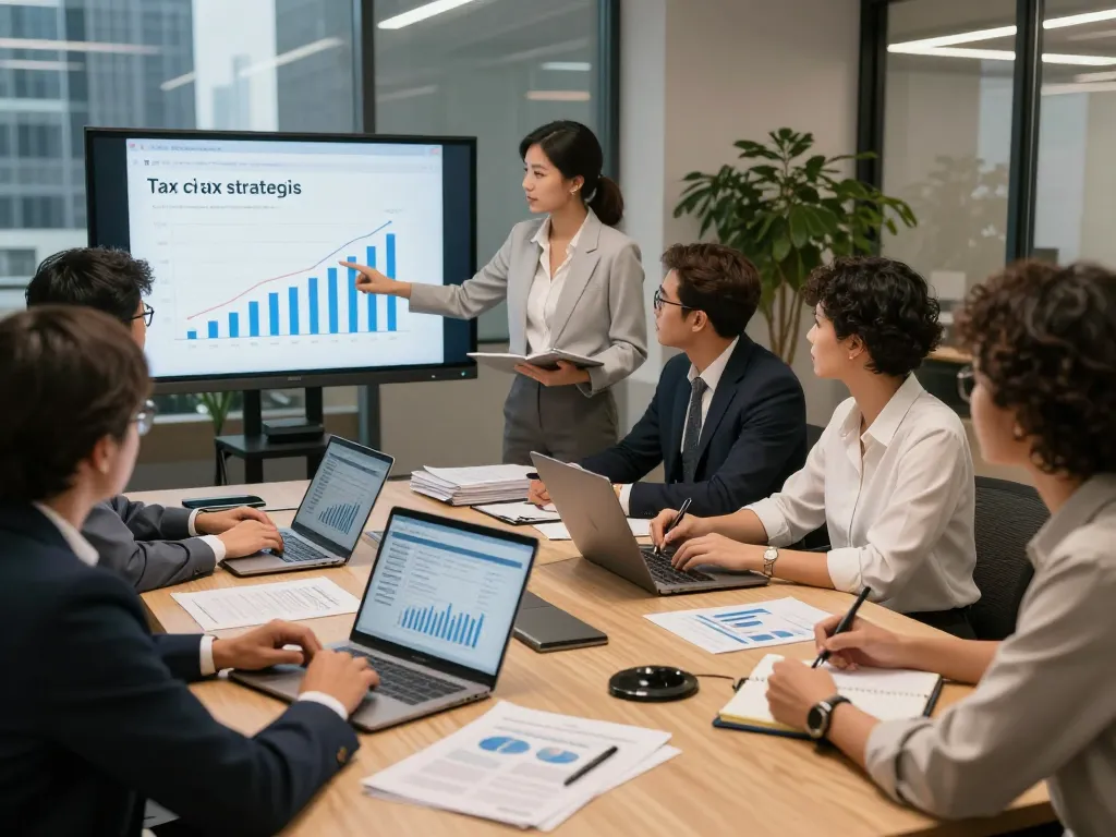 A cool way to improve financial strategies with a team of chartered accountants collaborating in a modern office.
